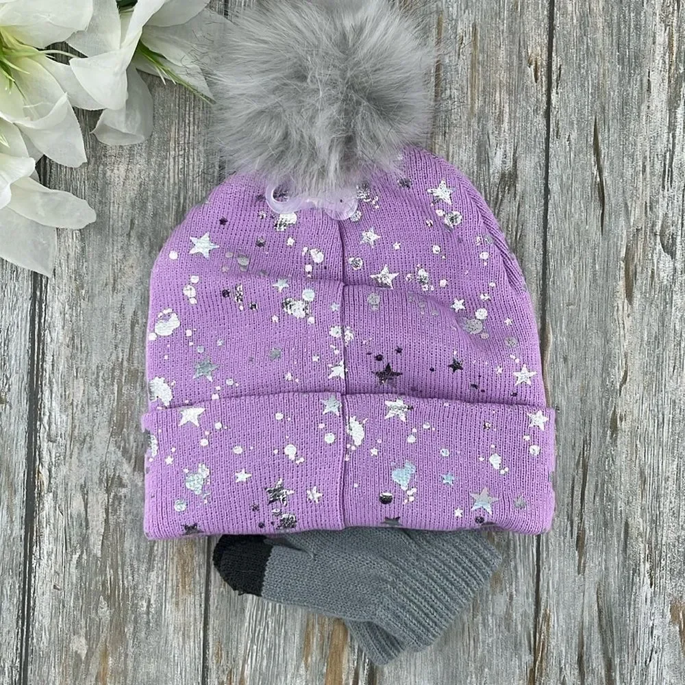 Girls Justice Ribbed & Full Print Winter Cozy Beanie and Gloves 2, 2-Piece Sets